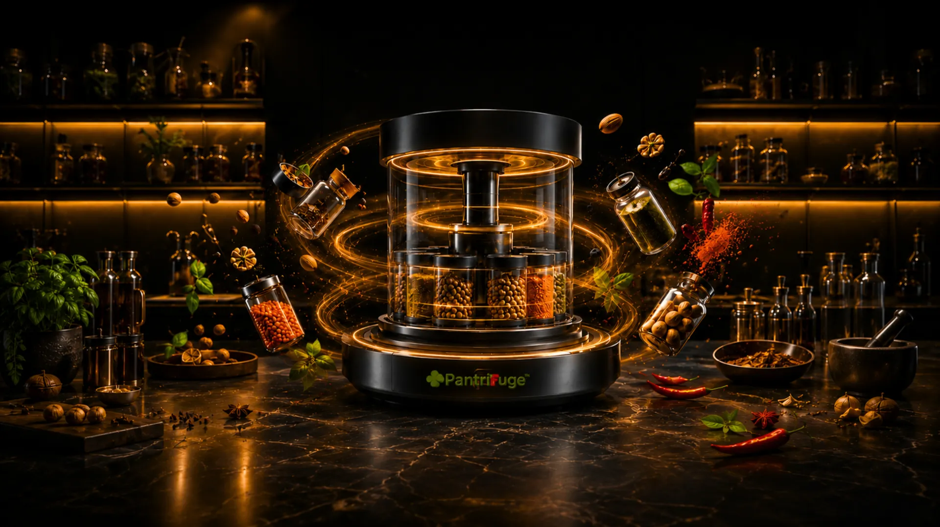 Pantrifuge centrifuge surrounded by orbiting spice jars